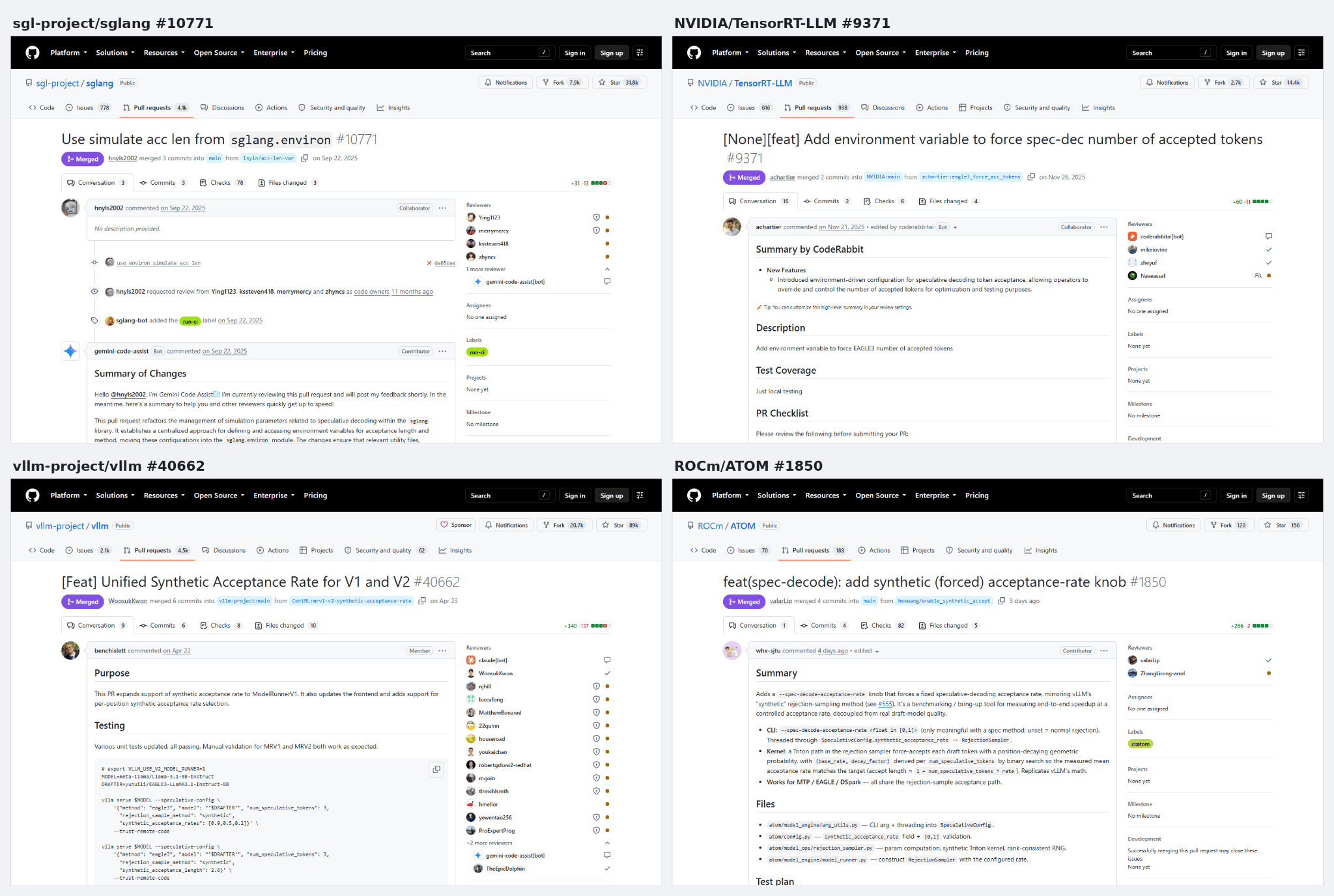 Merged SGLang, TensorRT-LLM, vLLM, and ATOM pull requests adding forced speculative-decoding acceptance controls.