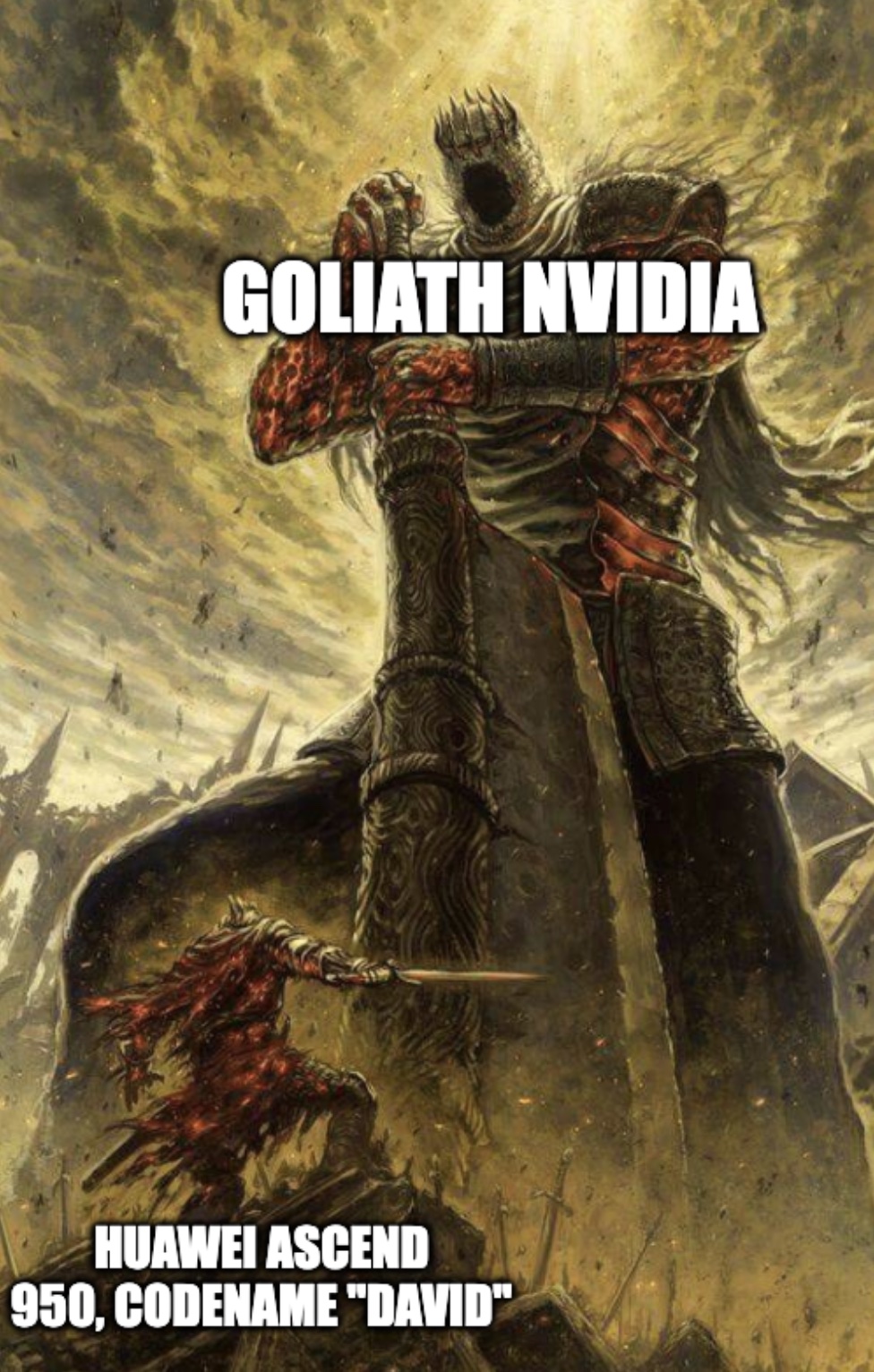 Fantasy artwork meme: a giant labeled 'Goliath NVIDIA' towers over a small knight labeled 'Huawei Ascend 950, codename David'