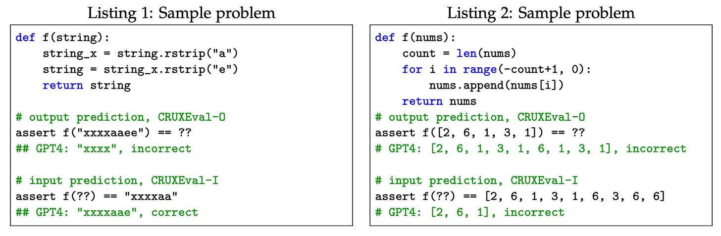 CRUXEval code reasoning benchmark example