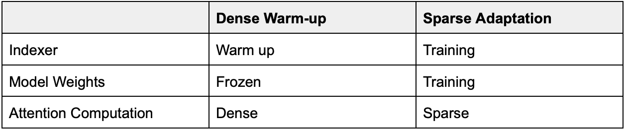 Dense warmup and sparse adaptation stages in DSA training