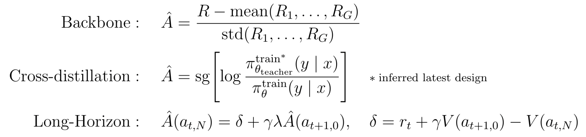 Advantage calculations for RL, cross-distillation, and long-horizon training